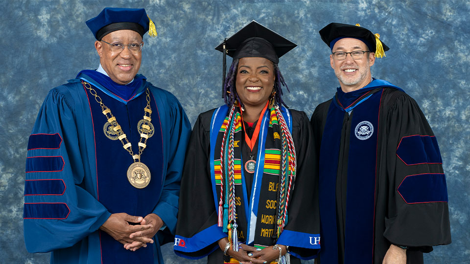 President Blanchard, Ardrienne Bradberry (student speaker), Dean Jonathan Schwartz