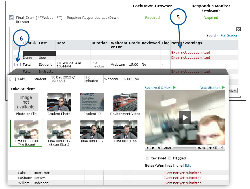 The video review dashboard shows the images and video clips of the student's attempt.