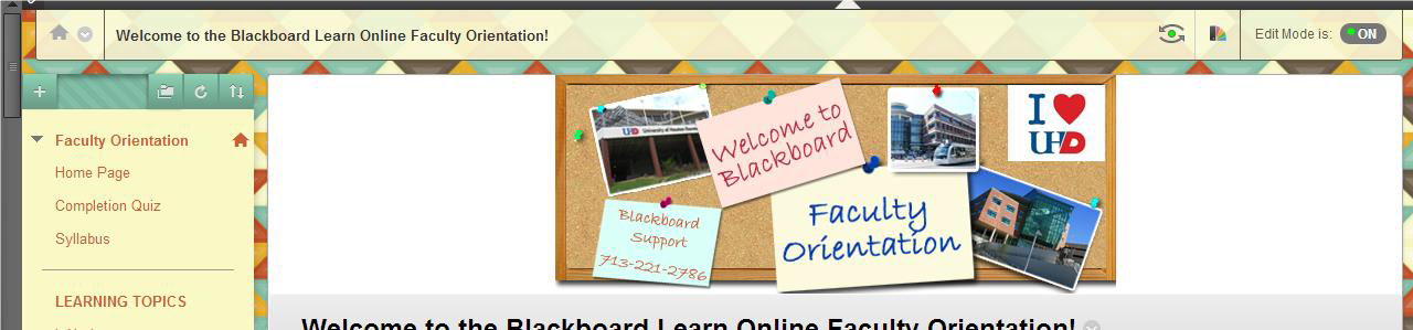 a screenshot of the Blackboard Home Page with the Edit Mode toggle set to ON