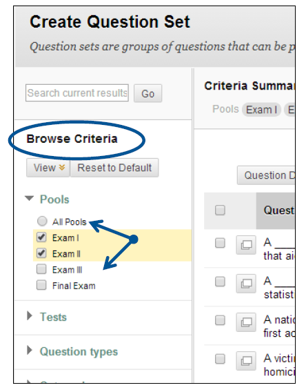a screenshot of the Create Question Set dialog box with Browse Criteria circled and All Pools and the Check boxes highlighted