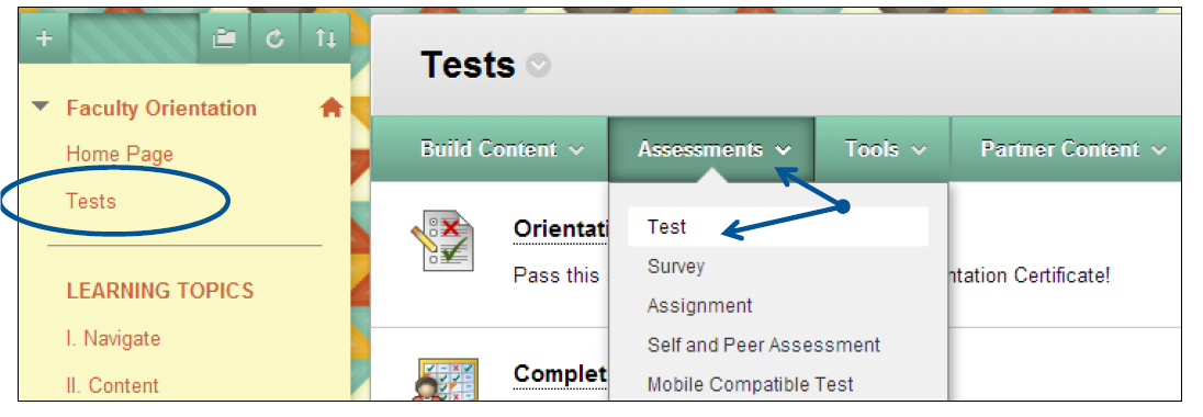 a screenshot of the Tests content area with the Assessments drop down menu expanded and the Test option selected