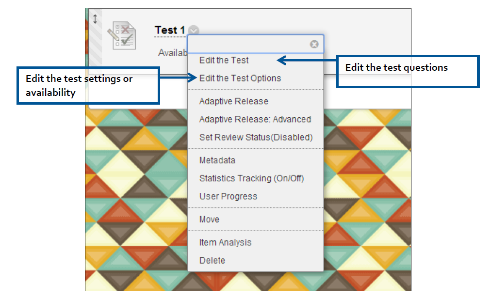 a screenshot of the Test Action Menu with Edit the Test and Edit the Test Options highlighted
