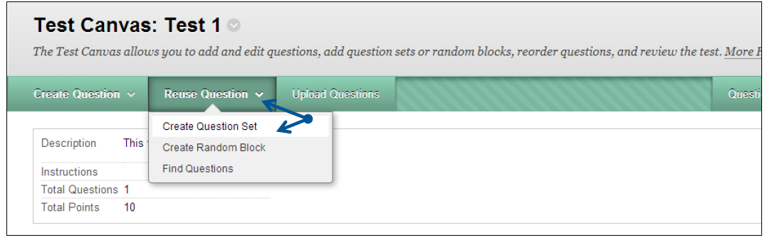 a screenshot of the Reuse Question drop down menu with Create Question Set selected
