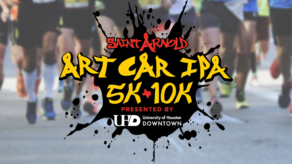 People running in background, foreground is Art Car IPA 5k 10k logo, presented by UHD