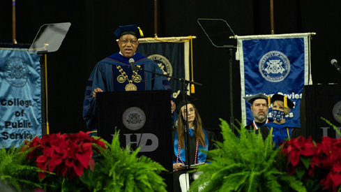 UHD President Loren J. Blanchard Preseeding over the 71st Commencement Ceremonies