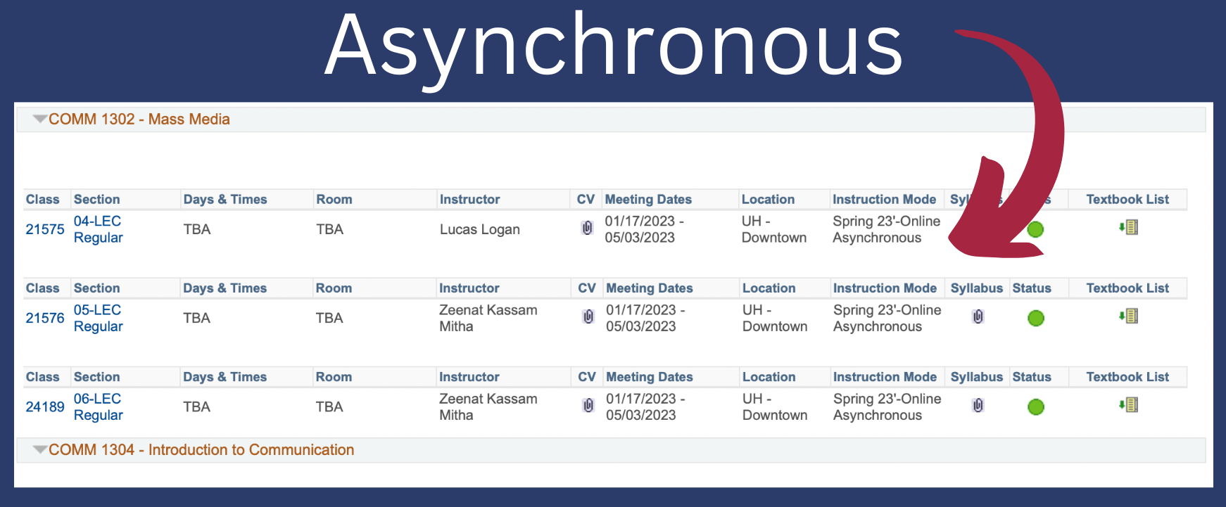example of a class schedule with an online-asynchronous course
