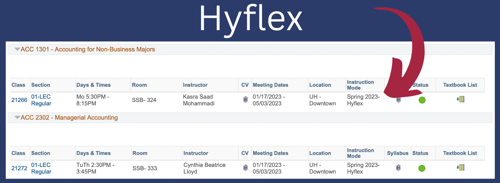 example of a class schedule with a hyflex course