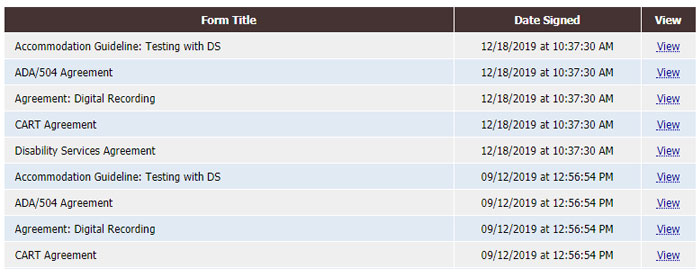 Screenshot of My E-Form Agreements page